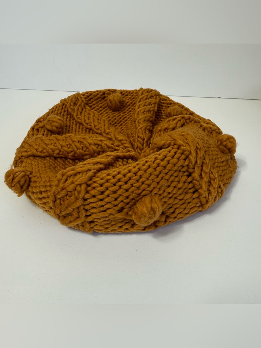 ZARA Mustard Yellow Chunky Cable Knit Beret Beanie Bobble Hat